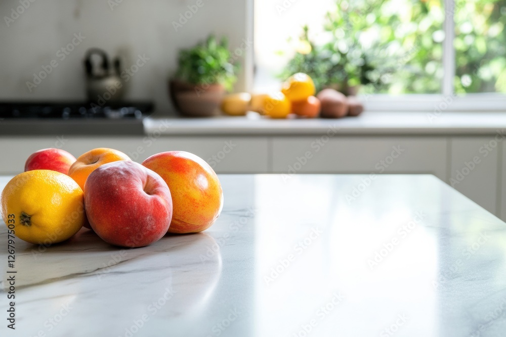 Aufkleber fresh apples and lemons arranged on a marble countertop in a bright kitchen during the afternoon. ge