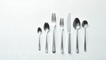 Silver cutlery set placed diagonally on a clean background for dining table concept