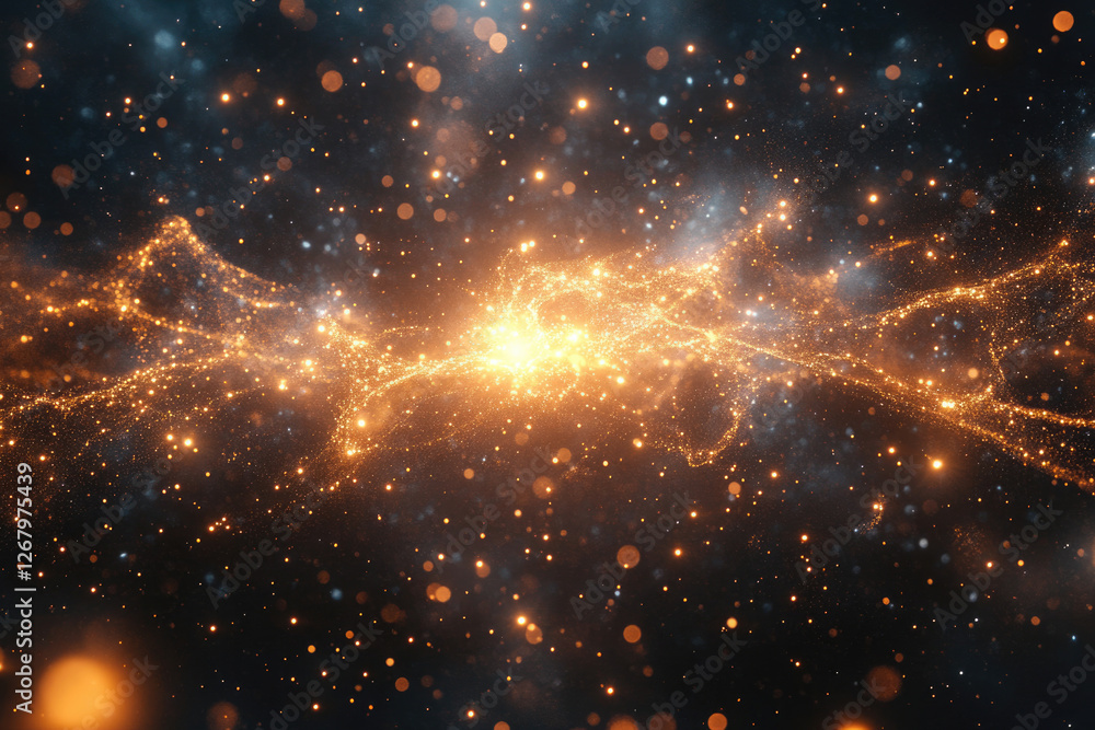 Poster a cosmic nebula of glowing particles and energy streams across a dark expanse.