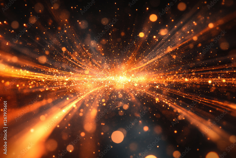 Poster a mesmerizing burst of golden light and particles, radiating outwards in a cosmic display of energy 