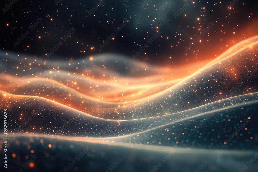 Poster Glowing particles form undulating waves across a dark, cosmic-like background.