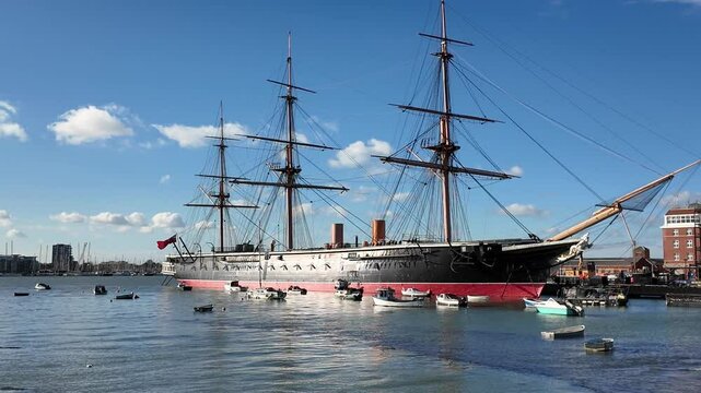 Portsmouth England UK. 10.02. 2025. Video. HMS Warrior an iron clad warship dates from 1060 at anchor in Portsmouth harbour. UK.