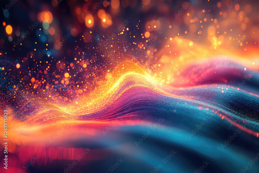 Poster Abstract wave of vibrant particles, glowing with fiery orange and cool teal, creating a dynamic and energetic visual.