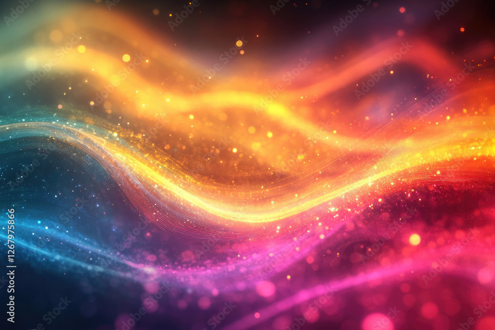Poster abstract waves of vibrant colors, shimmering with golden and pink hues, creating a cosmic and dreamy