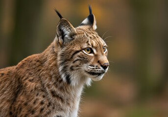 Fototapeta premium A Eurasian lynx in a natural setting, side profile, alert expression, short fur with dark brown and black spots, white underbelly, black tufted ears, autumn atmosphere, warm lightning