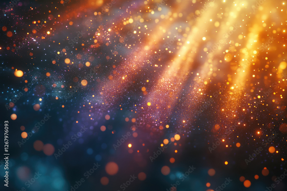 Poster abstract cosmic background with vibrant, shimmering particles and golden rays, evoking a sense of wo