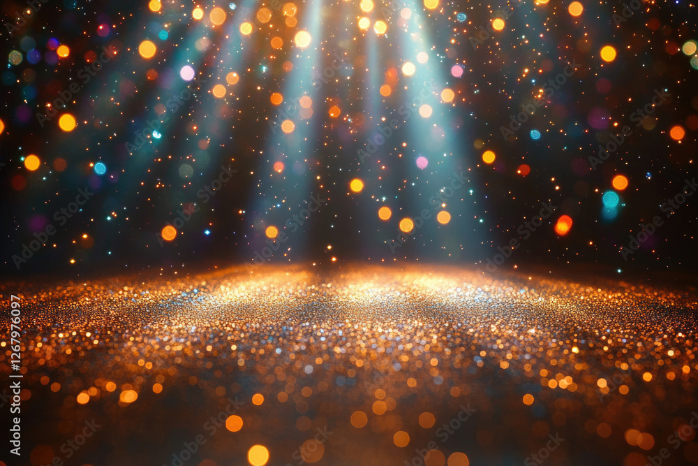 Poster golden glitter sparkles illuminated by spotlights, creating a magical, festive backdrop.