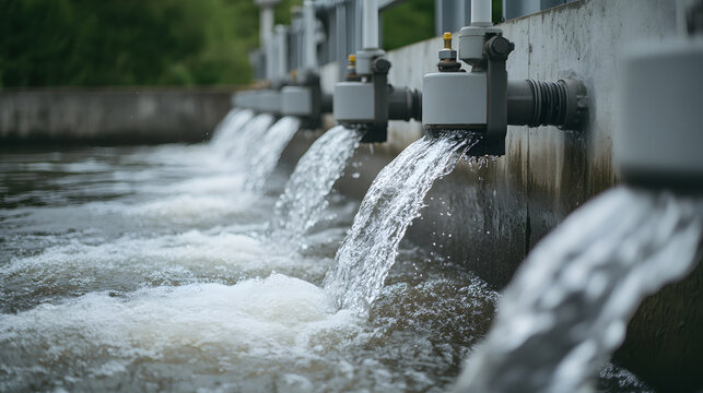 Water flowing out of pipes into a reservoir, representing water management and usage. A source of drinking water, industry, and agricultural irrigation.