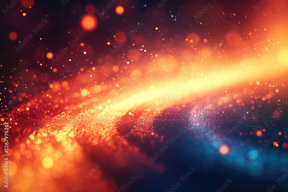 Poster abstract cosmic swirl of orange and blue glitter, bokeh effect, sparkling particles.