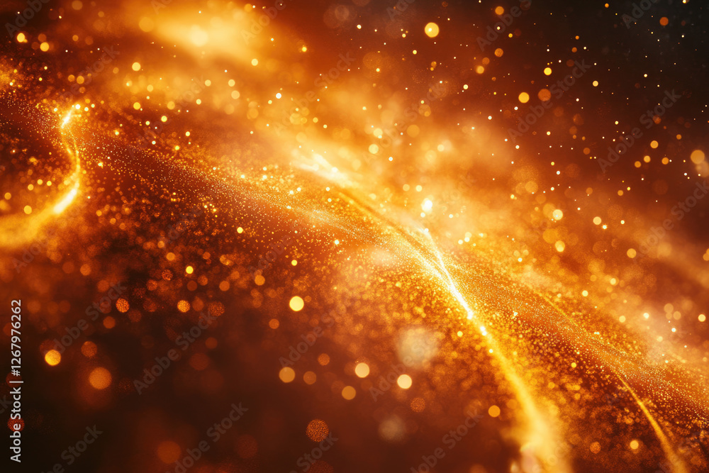 Poster abstract golden particles glowing, shimmering, and flowing in a dark background, creating a magical,