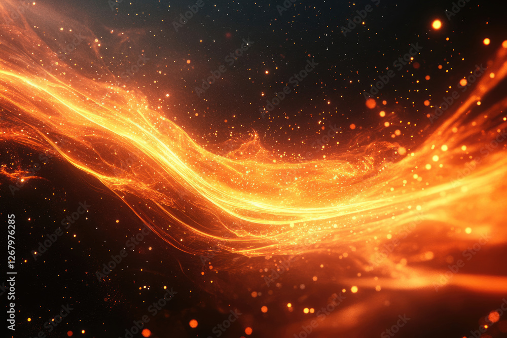 Aufkleber abstract fiery orange wave with glowing particles in dark space, resembling cosmic energy or a celes