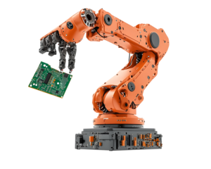 A futuristic robotic arm holding a small circuit board, symbolizing automation and precision technology.