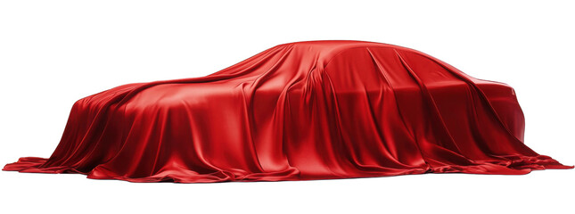 Luxury car under red fabric, cloth cover isolated for presentation, gift reveal at exhibition, surprise moment with silk draping on transparent background