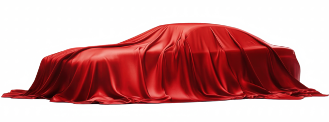Luxury car under red fabric, cloth cover isolated for presentation, gift reveal at exhibition, surprise moment with silk draping on transparent background