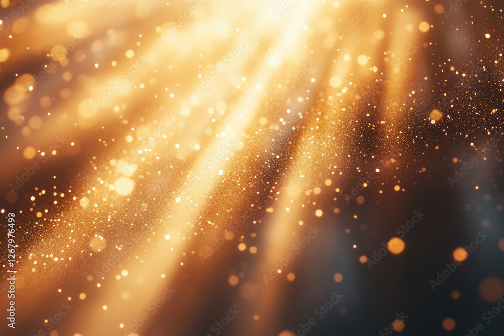Poster golden glitter bokeh background with light rays, sparkling and luxurious.