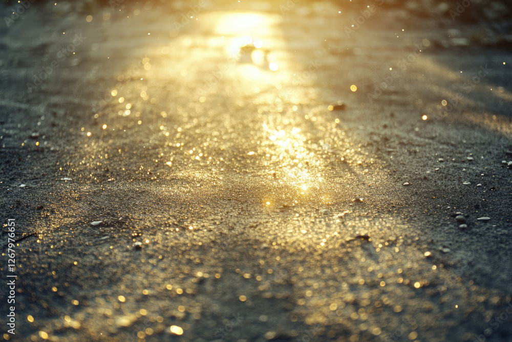 Poster golden sunlight glistens on a textured surface, creating a sparkling, ethereal scene.