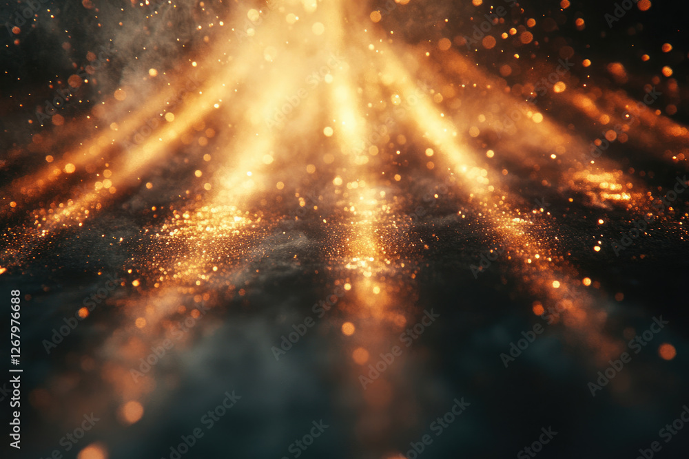 Poster golden glitter sparkles on a dark surface, illuminated by radiant beams of light, creating a magical