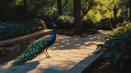 Majestic peacock strolling garden path.