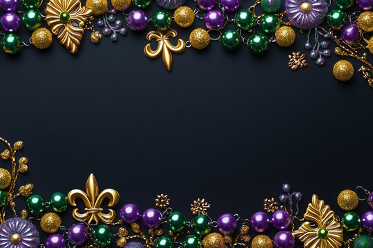 Mardi Gras Background Festive Mardi Gras Decorations Purple Green Gold Beads and Fleur de lis on Black Background