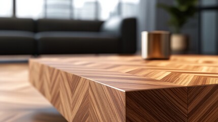 closeup of a wooden coffee table in a modern living room