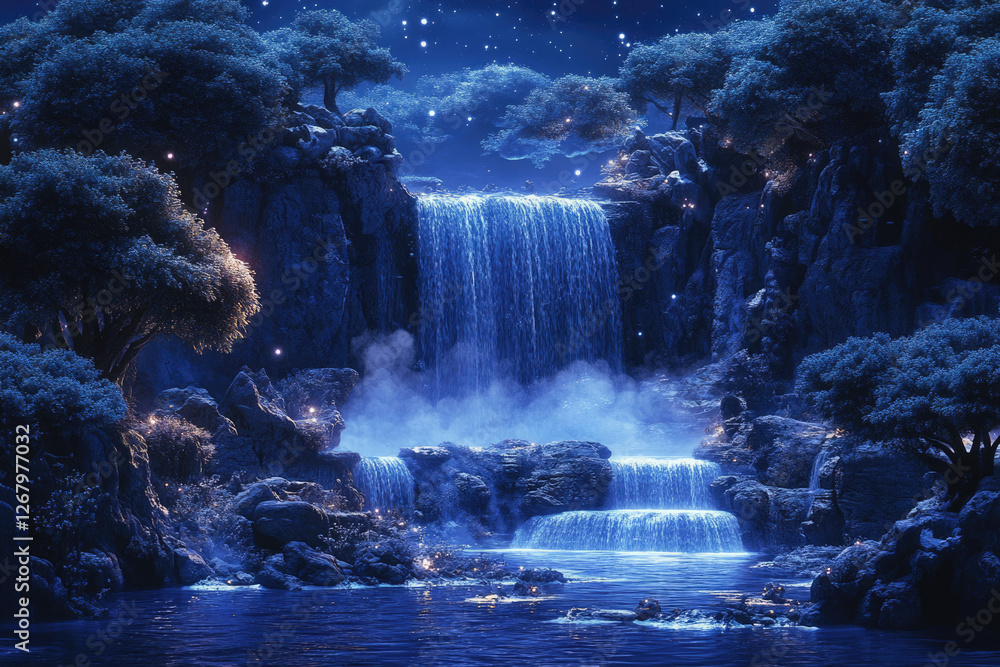 Poster enchanted waterfall cascading down a moonlit cliff, surrounded by mystical glowing trees and rocks a