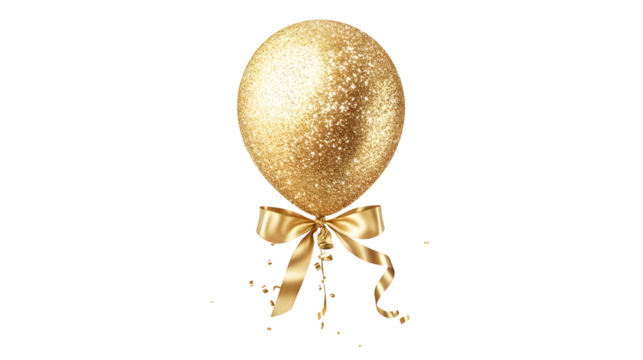 A golden balloon tied with a shimmering gold ribbon, floating gracefully.