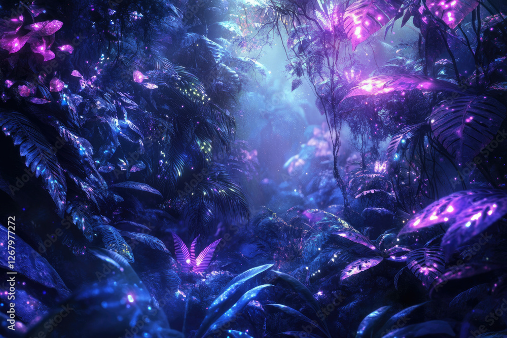 Poster glowing bioluminescent plants illuminate a mystical, dark forest path, creating a magical, ethereal 