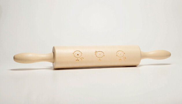 Acrylic rolling pin with embossing on a clean background for baking tool concept