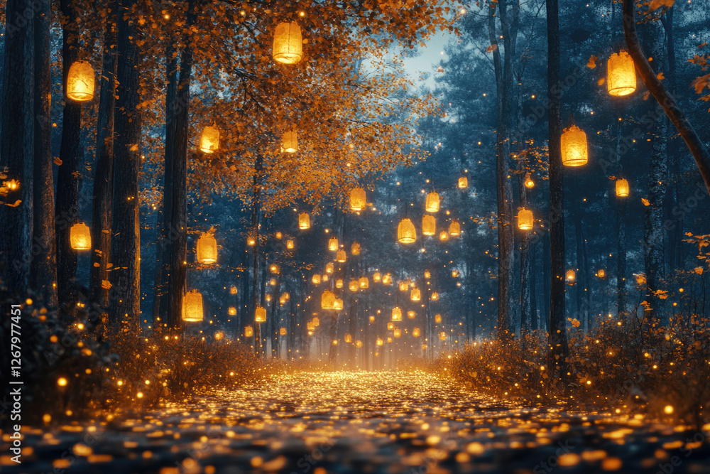 Poster enchanted forest path illuminated by glowing lanterns and fireflies, creating a magical, dreamy atmo