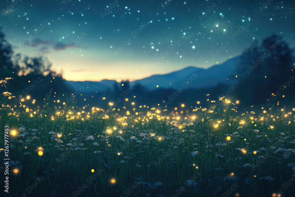 Poster magical field of fireflies glowing under a starry night sky, creating an enchanting and dreamy atmos