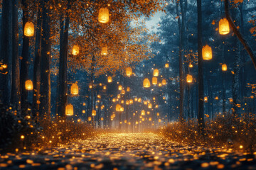 Enchanted forest path illuminated by glowing lanterns and fireflies, creating a magical, dreamy atmosphere.