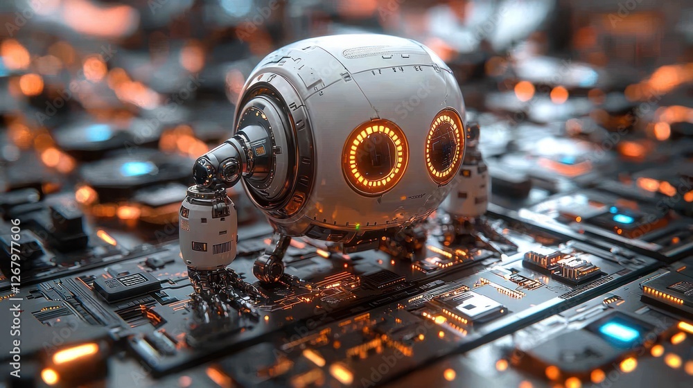 Poster futuristic robot exploring advanced circuitry board