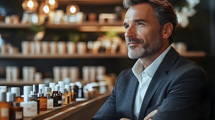 Smiling businessman standing confidently in his small warehouse surrounded by packages and a laptop on the table