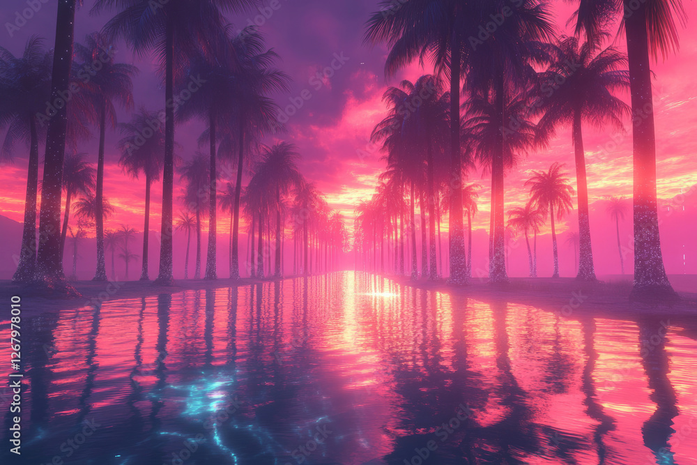 Aufkleber pink sunset over a tranquil waterway lined with palm trees, creating a serene and dreamy atmosphere.