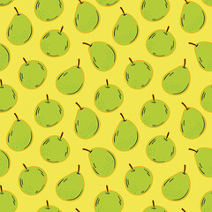 Seamless pattern with hand drawn green pears and apples on bright yellow background. Ideal for fruit-themed print designs, textiles, and wallpapers. Vector art.