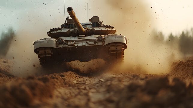 Military Tank on the Move
A formidable tank advances through a dusty landscape, symbolizing power and determination. This image captures the essence of military strength.