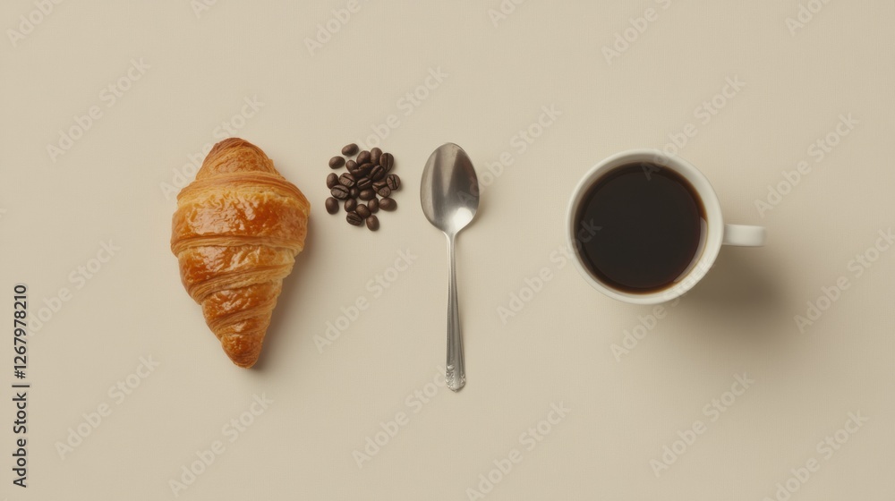 Poster enjoying a morning coffee with croissant and coffee beans arranged beautifully on a simple flat lay 