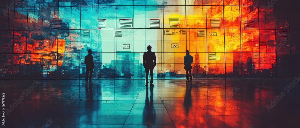 Poster business professionals observing data visualizations on digital screens with contrasting colors in a