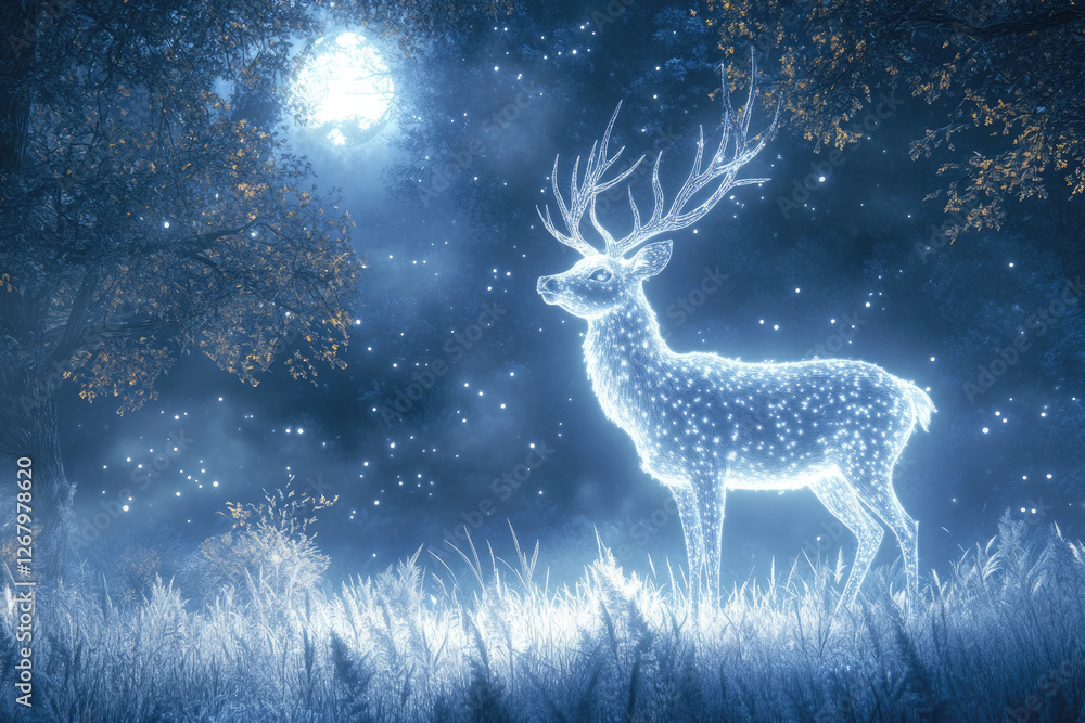 Poster a luminous stag stands in a moonlit forest, glowing with ethereal light and surrounded by sparkling 