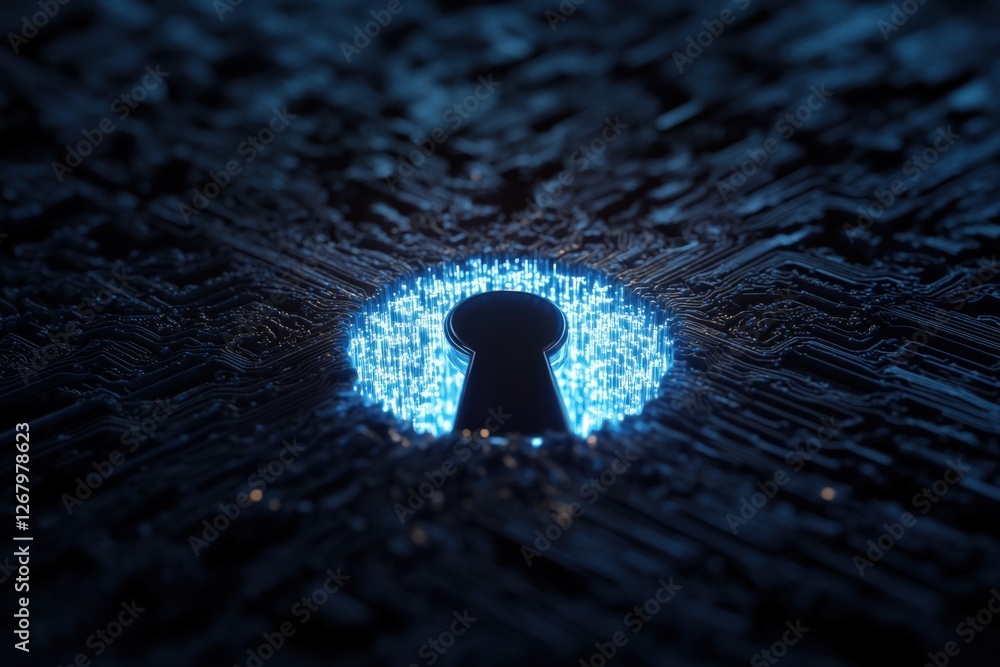 Poster digital security with keyhole on circuit board
