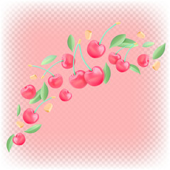 Vector flying cherries. 3D stylized illustration of ripe berries with leaves.