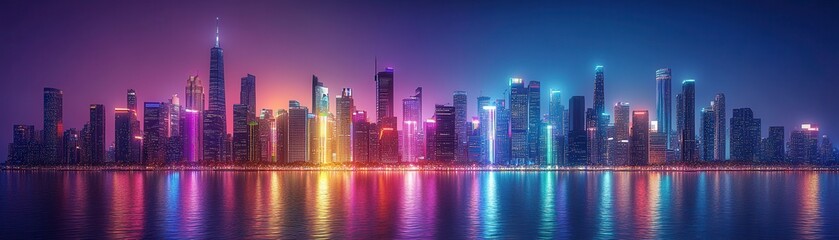 Fototapeta premium A vibrant city skyline illuminated by colorful lights, reflecting on the water, showcasing modern architecture against a twilight backdrop.