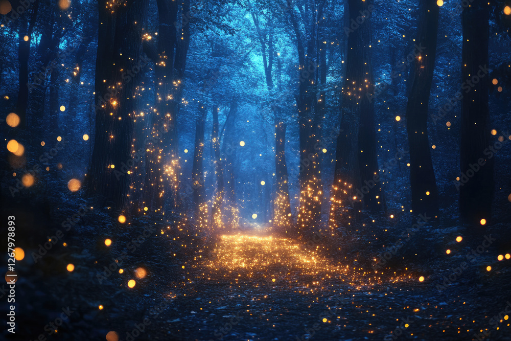 Poster enchanted forest path illuminated by magical fireflies at night, creating a dreamy, ethereal atmosph