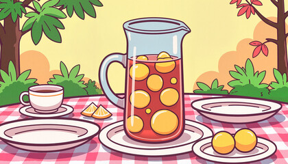 Vibrant stoneware pitcher with iced tea on patio table, summer refreshment