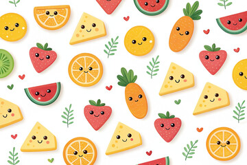 Cute fruit & cheese pattern; summer food background; digital illustration; website design