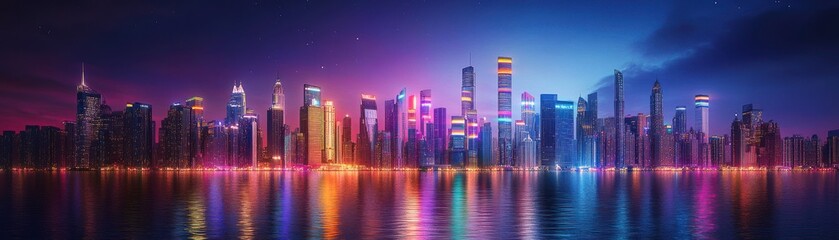 Fototapeta premium A vibrant city skyline illuminated at night, reflecting colorful lights on the water, showcasing modern architecture and a dynamic urban atmosphere.