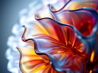 Fototapeta premium A vibrant glass sculpture with colorful swirls and glossy curves, showcasing intricate patterns and radiant hues.