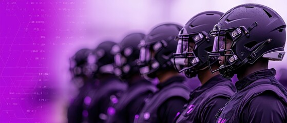 Team of Football Players in Black Uniforms with Purple Accents Preparing for Game Day in Dynamic Sports Environment
