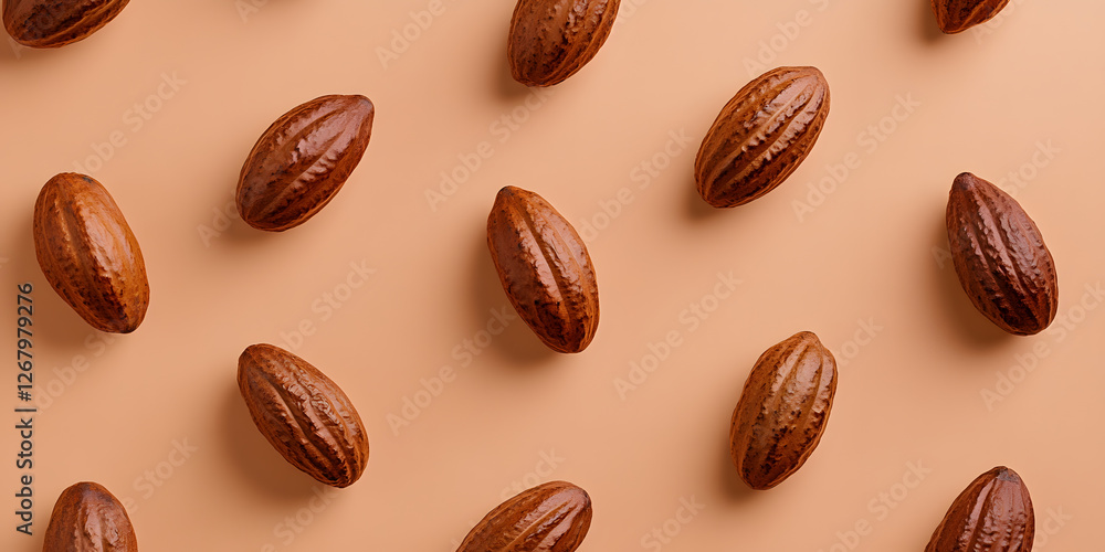 Poster artistic arrangement of cocoa beans on a tan background. the cocoa beans are shiny and well formed, 