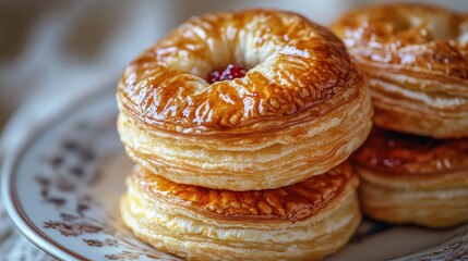 Flaky baked pastries stacked on a decorative plate in a warm kitchen setting